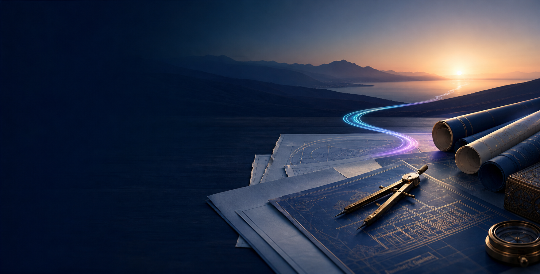 Architectural plans and a compass leading toward a bright horizon