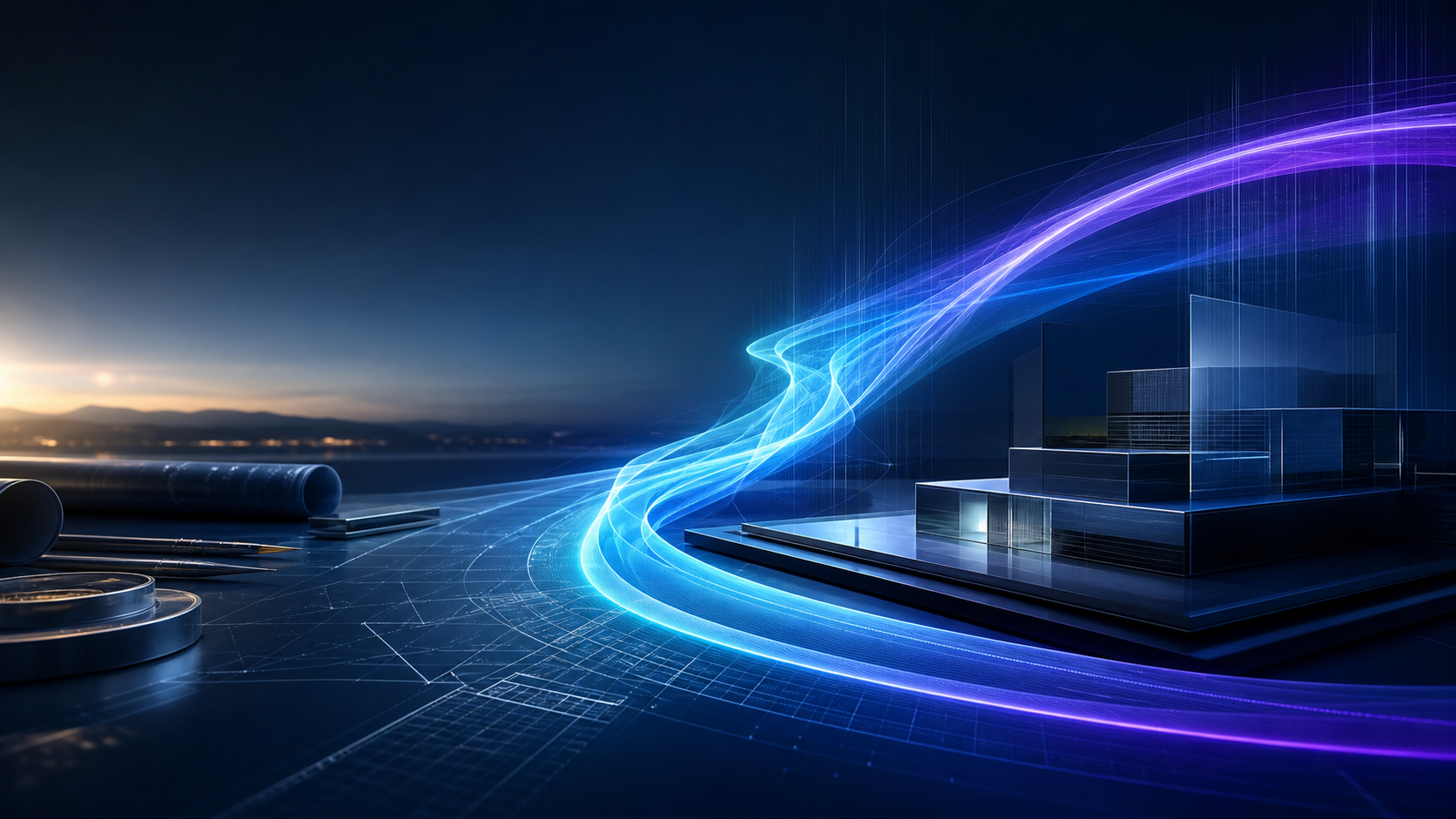 Luminous blue and violet technology pathways moving through an architectural blueprint landscape